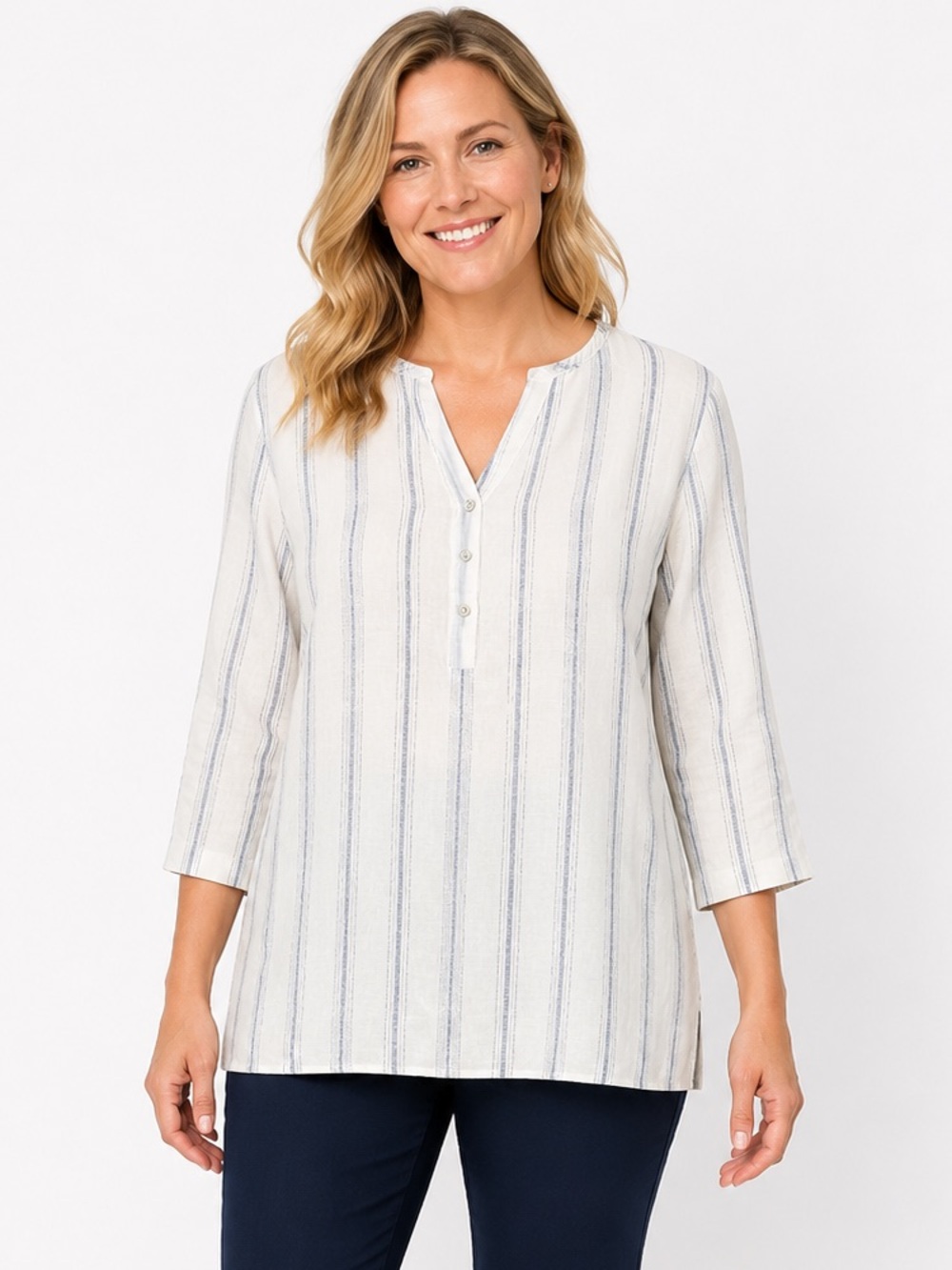 Hester & Orchard Linen Cotton Tunic Blouse L Blue White Stripe Coastal